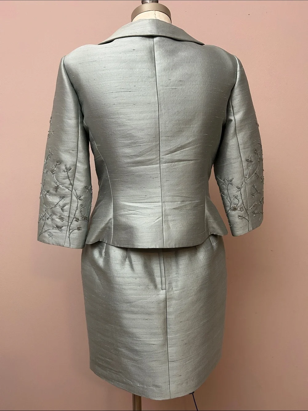 VTG Lillie Rubin Silver-Green Silk Wool Embroidered Skirt Suit set sz 6